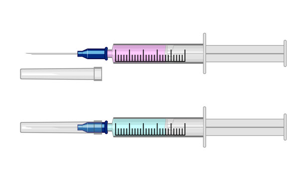 Vector illustration. Syringe with open needle and with cap on the needle (close up) For medical publications, immunization and vaccination campaign of people against infection and bacterial disease