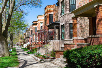 Row of Old Homes in the North Center Neighborhood of Chicago - obrazy, fototapety, plakaty