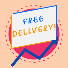 Fototapeta na wymiar Text sign showing Free Delivery. Business photo showcasing directly deliver to the recipient s is address without charge Irregular edging arrow line on the bottom of parallelogram blank papers