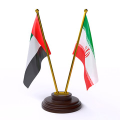 UAE and Iran, two table flags isolated on white background. 3d image
