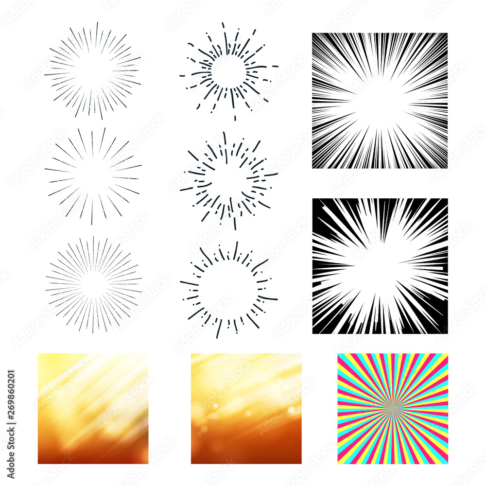 Poster collection of sunrays and starburst set vector. colorful, black and white different exploding and st