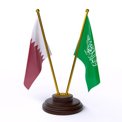 Qatar and Saudi Arabia, two table flags isolated on white background. 3d image