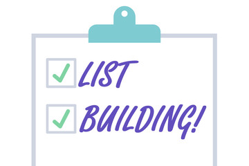 Handwriting text List Building. Conceptual photo database of showing you can contact with your marketing message Isolated Blank Vertical Clipboard with Two Check Boxes and Green Ticks