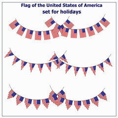 Bright set with flags of USA for holidays. Vector illustration. Happy America day background. Illustration with white background.