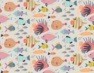 Vector seamless pattern with different colorful exotic fish.