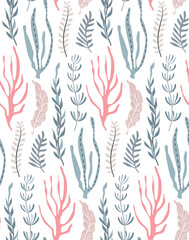 Vector seamless pattern with underwater ocean coral reef plants