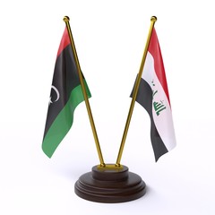 Libya and Iraq, two table flags isolated on white background. 3d image