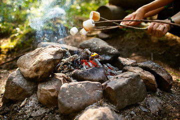 A girl sits by the fire in the woods drinking tea and roasting marshmallows