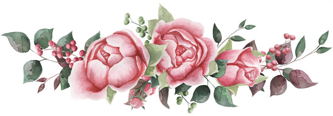 Watercolor flowers. Floral illustrations, leaves and branches. Botanical composition for a wedding or greeting card. branch of flowers - abstraction of roses, peonies, leaves