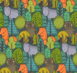 Tapeten Waldtiere Vektor nahtlose Muster mit handgezeichneten wilden Waldtieren,