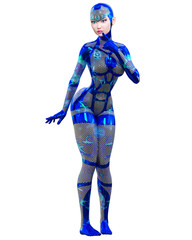 Cyborg droid robot woman futuristic metallic neon suit.Squama armor.Extravagant fashion art.Girl standing candid provocative pose.3D rendering isolate illustration.Comic hero.