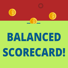 Word writing text Balanced Scorecard. Business photo showcasing a perforanalysisce metric used in strategic analysisagement Three gold spherical coins value thousand dollars one bounce to piggy bank