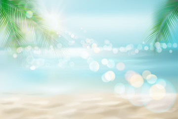 Obraz na płótnie Canvas Sunrise on the seashore. Sandy beach with a palm tree. Tropical resort. Vector Illustration. 