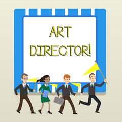 Word writing text Art Director. Business photo showcasing responsible for overseeing the artistic aspects of a film People Crowd Flags Pennants Headed by Leader Running Demonstration Meeting