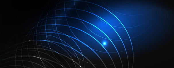 Shiny neon techno template. Neon lines background, 80s style laser rays