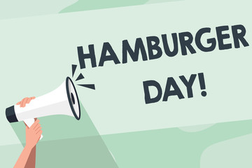 Word writing text Hamburger Day. Business photo showcasing celebrates the history of this most irresistible of sandwiches Human Hand Holding Tightly a Megaphone with Sound Icon and Blank Text Space