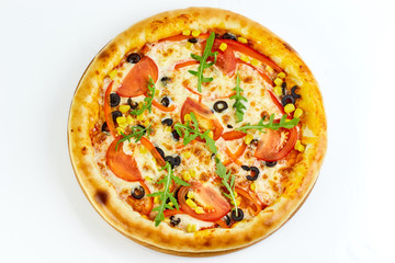 pizza with ham and tomato isolated on white