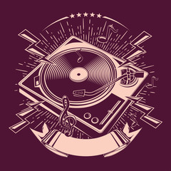 Turntable music funky monochrome emblem