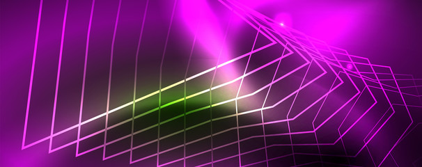 Techno glowing background, futuristic dark template with neon light effects and simple forms, vector