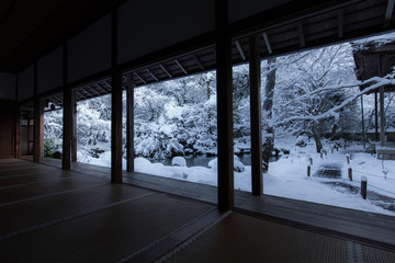 Rengeji temple garden covered with snow, Kyoto, Japan