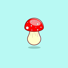 Amanita in cartoon style. Mushroom on a blue background.  Vector illustration.