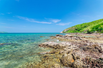 beautiful the beach closeup smooth sand and clear blue sea water. vacation background on summer in Thailand coast.