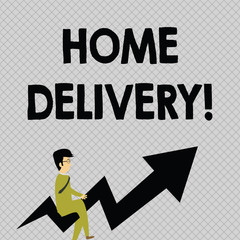 Conceptual hand writing showing Home Delivery. Concept meaning act of taking goods or parcel directly to customers home Businessman with Eyeglasses Riding Crooked Arrow Pointing Up