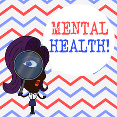 Writing note showing Mental Health. Business concept for the state or level of psychological wellbeing of a demonstrating Woman Looking Trough Magnifying Glass Big Eye Blank Round Speech Bubble