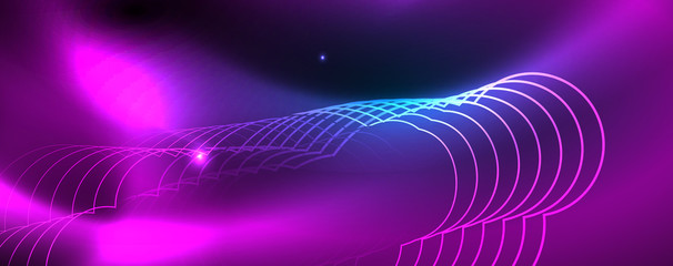 Neon glowing techno lines, hi-tech futuristic abstract background template, vector