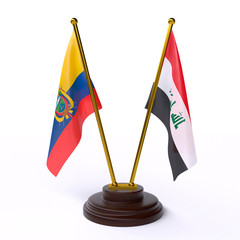 Ecuador and Iraq, two table flags isolated on white background. 3d image