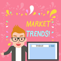 Word writing text Market Trends. Business photo showcasing Changes and developments in buying and selling in the market Male Speaker Monitor with Search Tool on Screen Presentation or Report