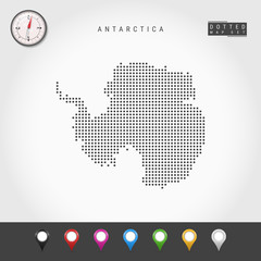 Dots Map of Antarctica. Simple Silhouette of Antarctica. Realistic Vector Compass. Set of Multicolored Map Markers. Vector Illustration.