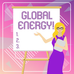 Text sign showing Global Energy. Business photo showcasing Worldwide power from sources such as electricity and coal White Female in Glasses Standing by Blank Whiteboard on Stand Presentation