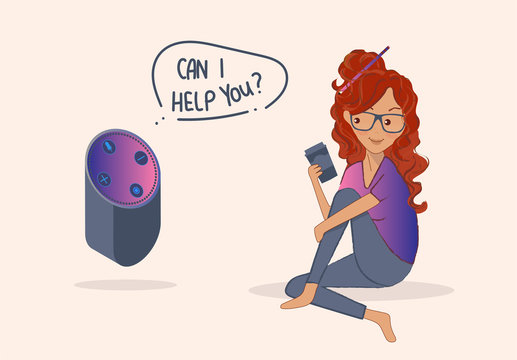 Picture of pretty young woman with red hair and Smart speaker, Voice assistant, home automation hub concept in 3D, isometric style. Text: Can I halp you? Vector illustration with background.