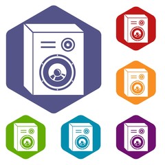 Studio speakers icons vector colorful hexahedron set collection isolated on white