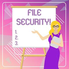 Text sign showing File Security. Business photo showcasing Protecting digital data such as those in a database from loss White Female in Glasses Standing by Blank Whiteboard on Stand Presentation