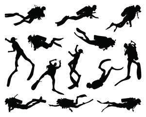 Black silhouettes of divers on a white background