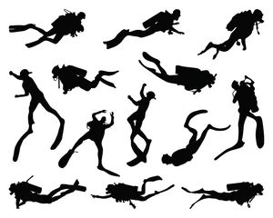 Deurstickers Black silhouettes of divers on a white background © NikolaM