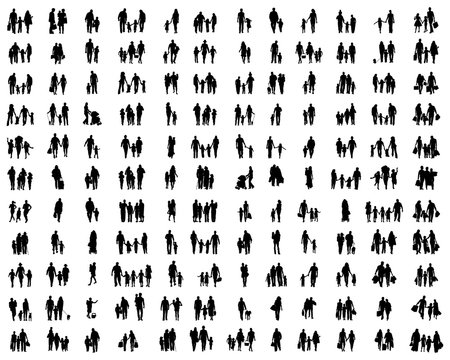 Silhouettes of families at walking on a white background