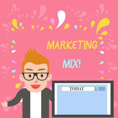 Word writing text Marketing Mix. Business photo showcasing Set of actions uses to promote the brand in the market Male Speaker Monitor with Search Tool on Screen Presentation or Report