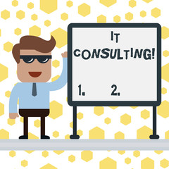Handwriting text writing It Consulting. Conceptual photo Focuses on advising organizations hot to analysisage their IT Businessman Office Worker Sunglasses Blank Whiteboard Meeting Presentation