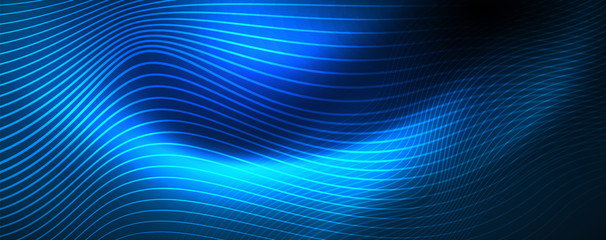 Smooth wave lines on blue neon color light background. Glowing abstract wave on dark, shiny motion, magic space light © antishock