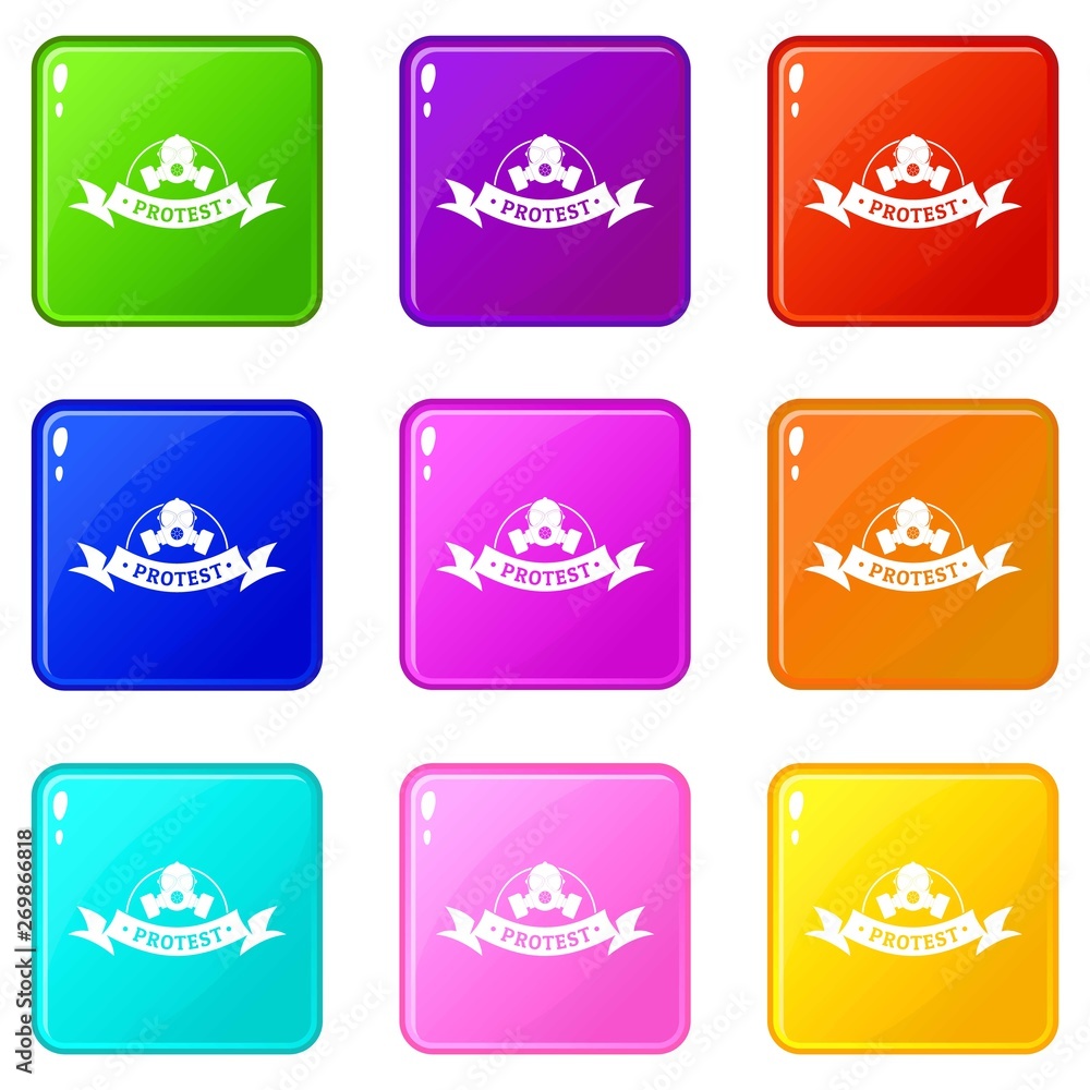 Poster protester gas mask icons set 9 color collection isolated on white for any design