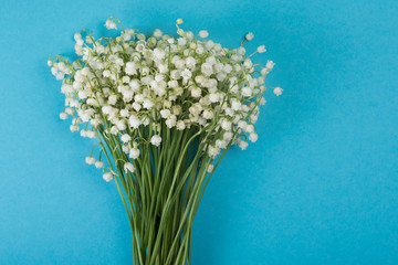 Bouquet of a fragrant white lily of the valley on a pastel blue background, with copy space. Top view.