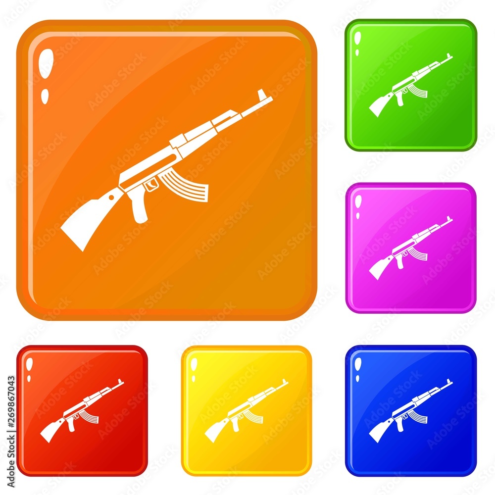 Poster kalashnikov machine icons set collection vector 6 color isolated on white background