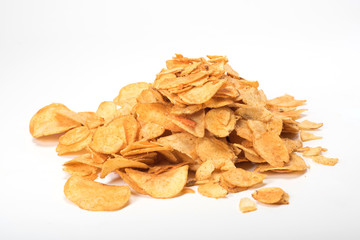 Potato chips isolated on white background. Snack. Salty fried potatoes.
