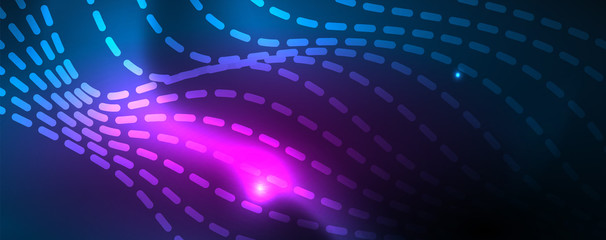 Smooth wave lines on blue neon color light background. Glowing abstract wave on dark, shiny motion, magic space light