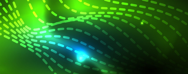 Obraz premium Smooth wave lines on blue neon color light background. Glowing abstract wave on dark, shiny motion, magic space light