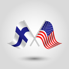vector two crossed american and finnish flags on silver sticks - symbol of united states of america and finland