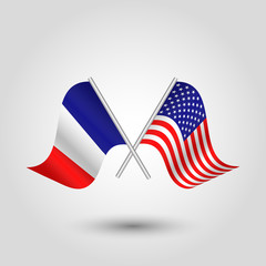 vector two crossed american and french flags on silver sticks - symbol of united states of america and france